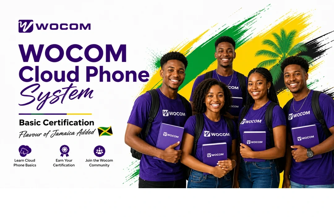WOCOM Academy — WOCOM Cloud Phone System Basic Certification. Five students in WOCOM shirts holding course books, with Jamaican flag artwork.
