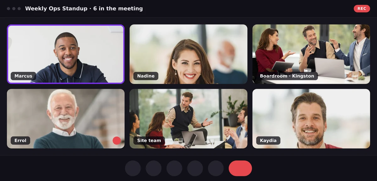 WOCOM Meet gallery view showing six participants, an active speaker outline, a muted participant and the meeting control bar