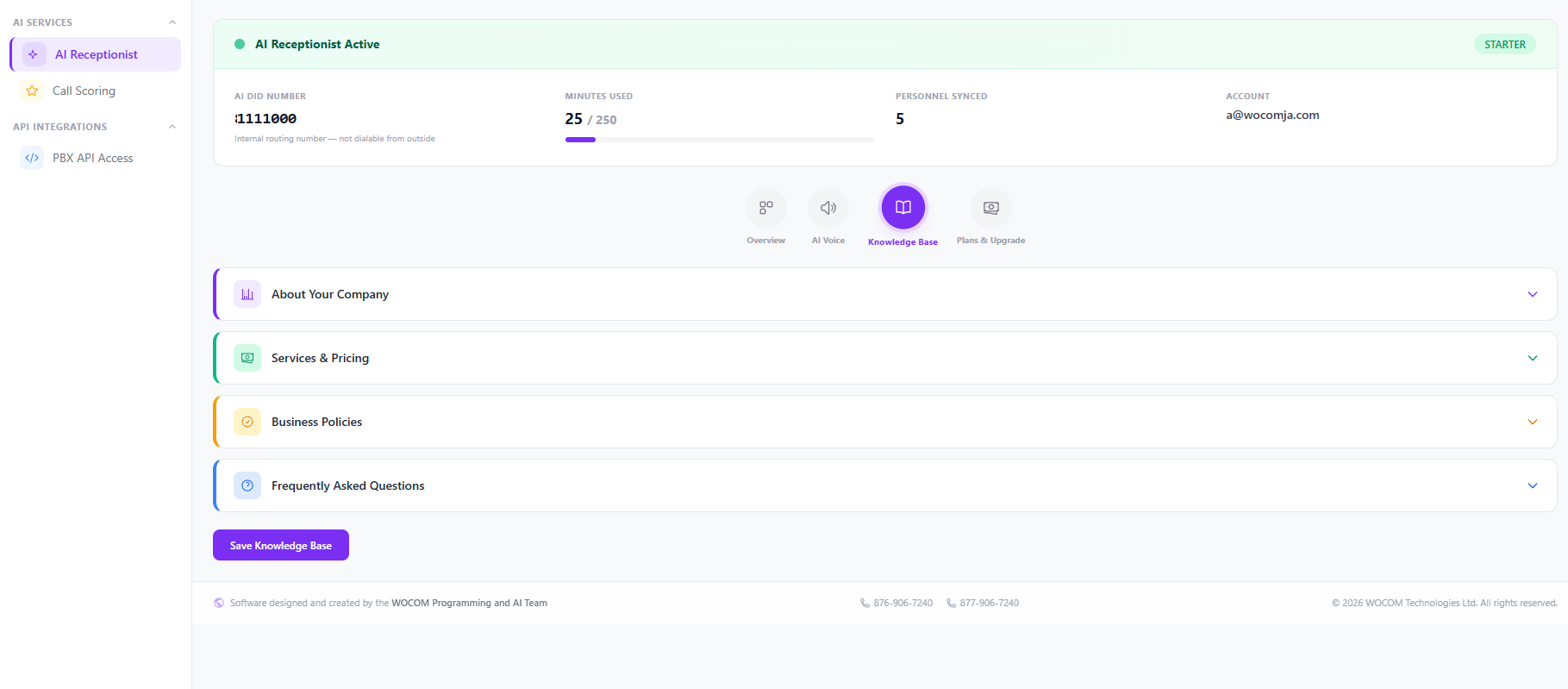 AI Receptionist Knowledge Base