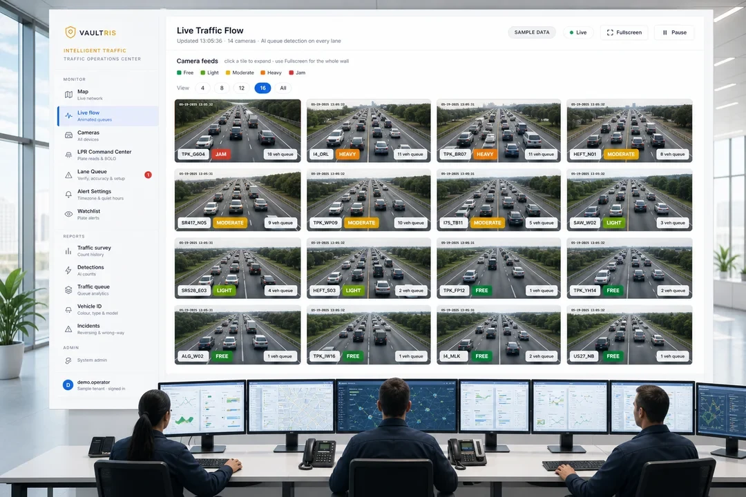 Vaultris Intelligent Traffic operations centre — sixteen corridor camera feeds, each showing its detected congestion state and vehicle queue